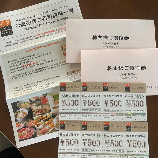 クリエイトレストランツ株主優待券8000円分 チケットの優待券/割引券(レストラン/食事券)の商品写真