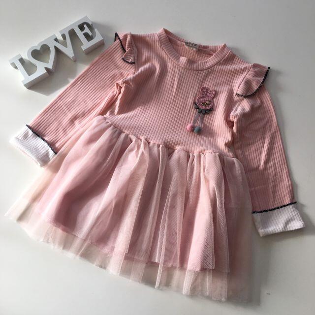 新品 110㎝ うさぎワンピース ピンク チュールスカート キッズ 女の子 キッズ/ベビー/マタニティのキッズ服女の子用(90cm~)(ワンピース)の商品写真