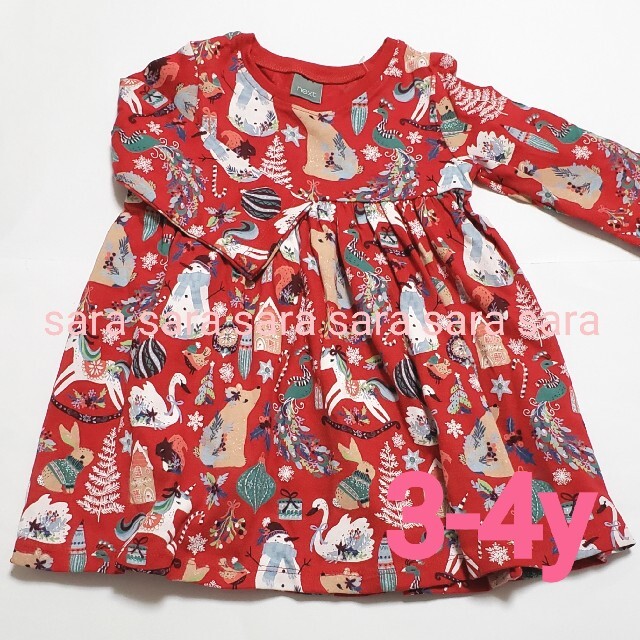 NEXT(ネクスト)の☆NEXT☆レッドクリスマス柄ワンピース3-4y キッズ/ベビー/マタニティのキッズ服女の子用(90cm~)(ワンピース)の商品写真