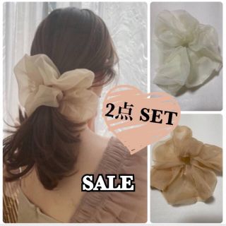 SALE 大人気ビッグシュシュ 2点セット 透け感 オーガンジー 綺麗 白 モカ(ヘアゴム/シュシュ)