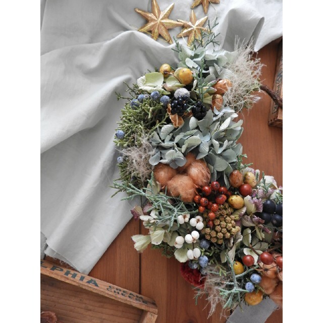 アンティーク色のコットンのハーフリース インテリアクリスマス ハンドメイドのフラワー/ガーデン(リース)の商品写真