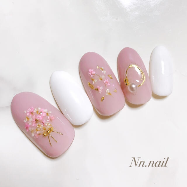 大人可愛い♡ くすみダスティピンク 本物のお花 ブーケネイル 【No.40】