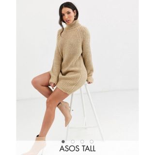 エイソス(asos)のASOSトールタートルネックベージュニットワンピース(ひざ丈ワンピース)