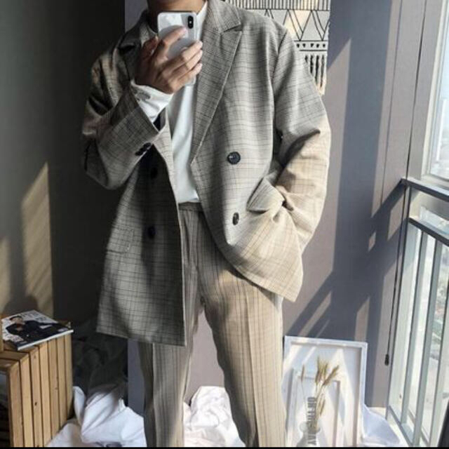 JOHN LAWRENCE SULLIVAN(ジョンローレンスサリバン)のセットアップ チェックダブルジャケット 韓国 チェックテーパードパンツ 成人式 メンズのスーツ(セットアップ)の商品写真