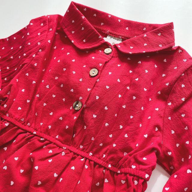 新品 120㎝ シャツワンピース ハート レッド 赤 子供服 女の子 キッズ/ベビー/マタニティのキッズ服女の子用(90cm~)(ワンピース)の商品写真