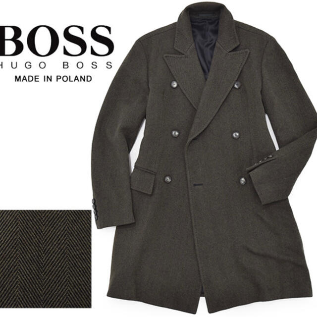 HUGO BOSS(ヒューゴボス)のHUGO BOSS カシミヤ混 ヘリンボーン織り ダブルブレスト メンズのジャケット/アウター(チェスターコート)の商品写真