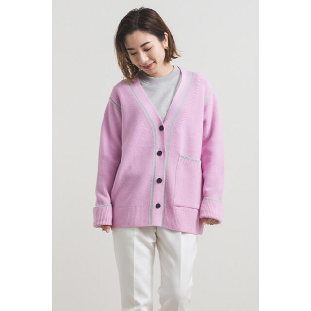 yori ヨリ 【2020AW】配色ニットカーディガン ピンク 【超安い
