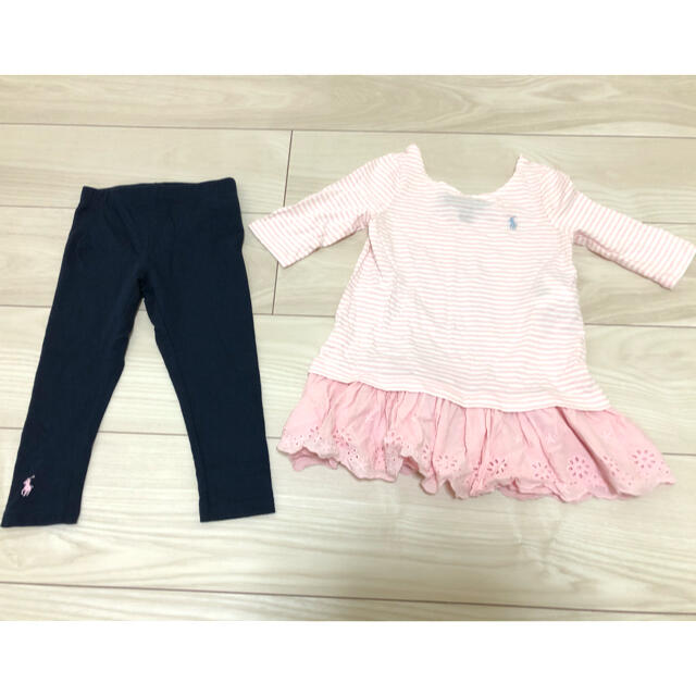 POLO RALPH LAUREN(ポロラルフローレン)のピンクボーダーフリルシャツ&レギンスセット キッズ/ベビー/マタニティのキッズ服女の子用(90cm~)(Tシャツ/カットソー)の商品写真