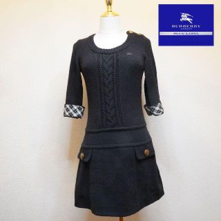 バーバリーブルーレーベル(BURBERRY BLUE LABEL)の【バーバリーロンドン】7分袖 ニット ワンピース　ブラック チェック(ミニワンピース)