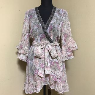 【美品】レディース カーディガン シースルー 華やか 上品 ガウン ピンク系 M(カーディガン)