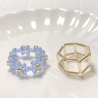 ブルー　ゴールド　ビーズリング　비즈반지　ハンドメイド(リング)