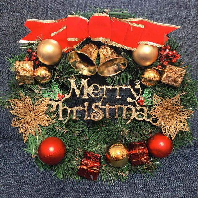 大人気 Xmas クリスマスリース リース インテリア オーナメント  赤リボン ハンドメイドのフラワー/ガーデン(リース)の商品写真