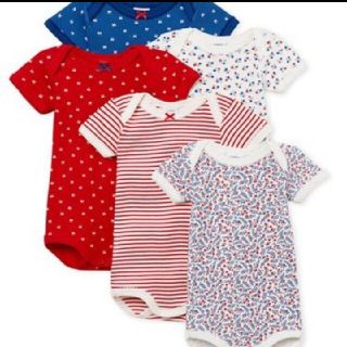 プチバトー(PETIT BATEAU)の新品◇プチバトー　12m  フラワー＆ボーダー半袖ボディ５枚組　ロンパース(ロンパース)