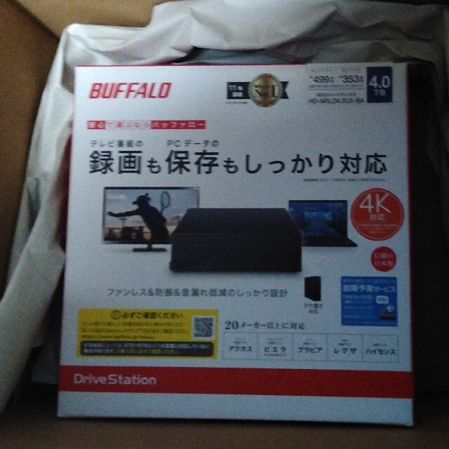 Buffalo(バッファロー)の新品未開封 BUFFALO外付けHDD 4TB HD-NRLD4.0U3-BA スマホ/家電/カメラのテレビ/映像機器(その他)の商品写真