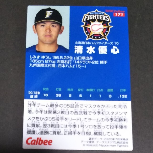 北海道日本ハムファイターズ(ホッカイドウニホンハムファイターズ)の(3月末期間限定値下げ)清水優心 北海道日本ハムファイターズ 2020 エンタメ/ホビーのタレントグッズ(スポーツ選手)の商品写真