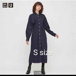 ユニクロ(UNIQLO)のデニムロングシャツワンピース　Sサイズ　ブルー(ロングワンピース/マキシワンピース)