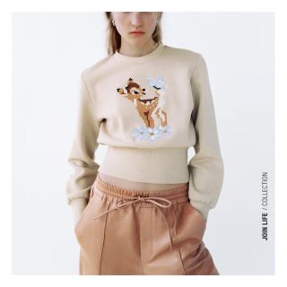 新品 ZARA ザラ ディズニー バンビ 裏起毛スェット ブラウン 茶 M