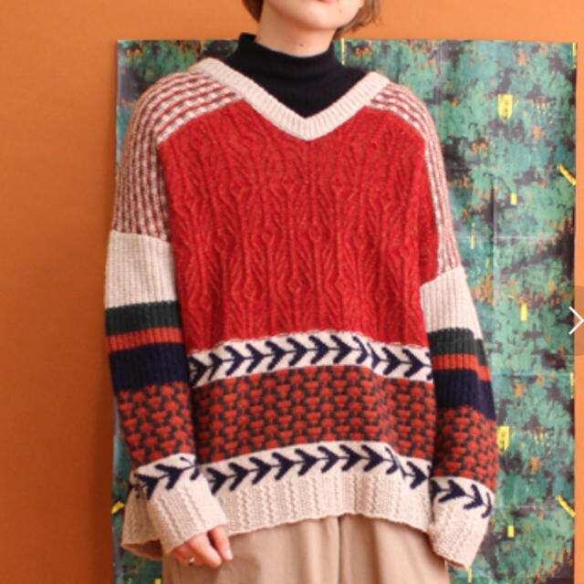 PAR ICI(パーリッシィ)の模様編みボーダーVネックプルオーバー レディースのトップス(ニット/セーター)の商品写真