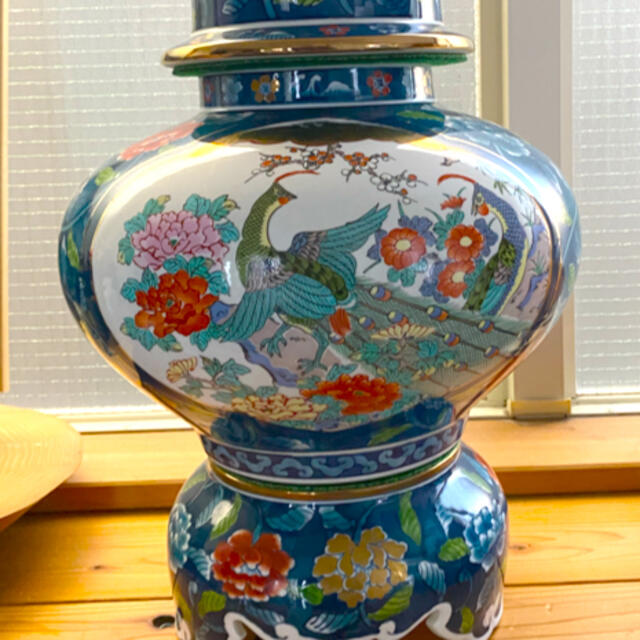 有田焼 金龍窯博山作 色絵花鳥唐草絵付飾壷 特大花瓶 - 陶芸