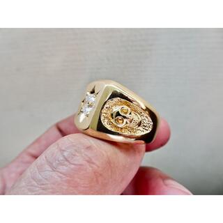 仁尾彫金『一つ星ジルコニア、ゴールドラッキースカル印台リング』ハンドメイド199(リング(指輪))
