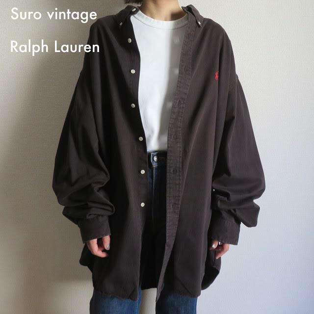 90s ラルフローレン 刺繍ロゴ シャツ 黒 古着女子 vintage レディースのトップス(シャツ/ブラウス(長袖/七分))の商品写真