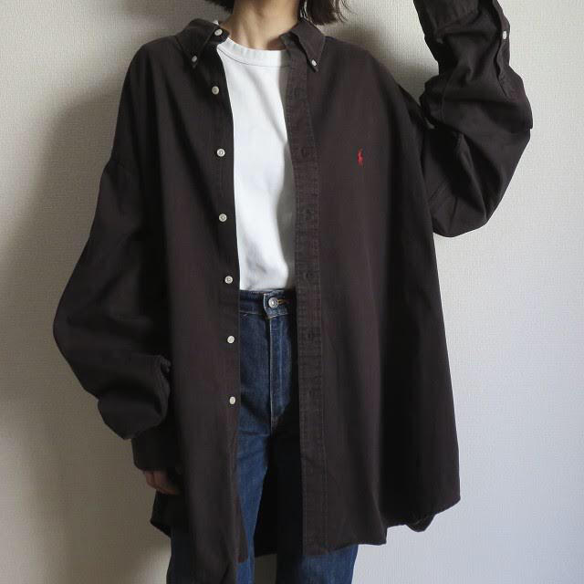 90s ラルフローレン 刺繍ロゴ シャツ 黒 古着女子 vintage レディースのトップス(シャツ/ブラウス(長袖/七分))の商品写真