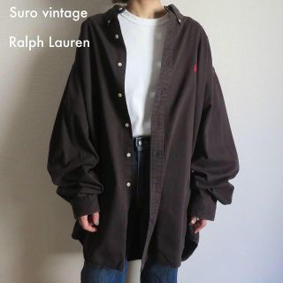 90s ラルフローレン 刺繍ロゴ シャツ 黒 古着女子 vintage(シャツ/ブラウス(長袖/七分))