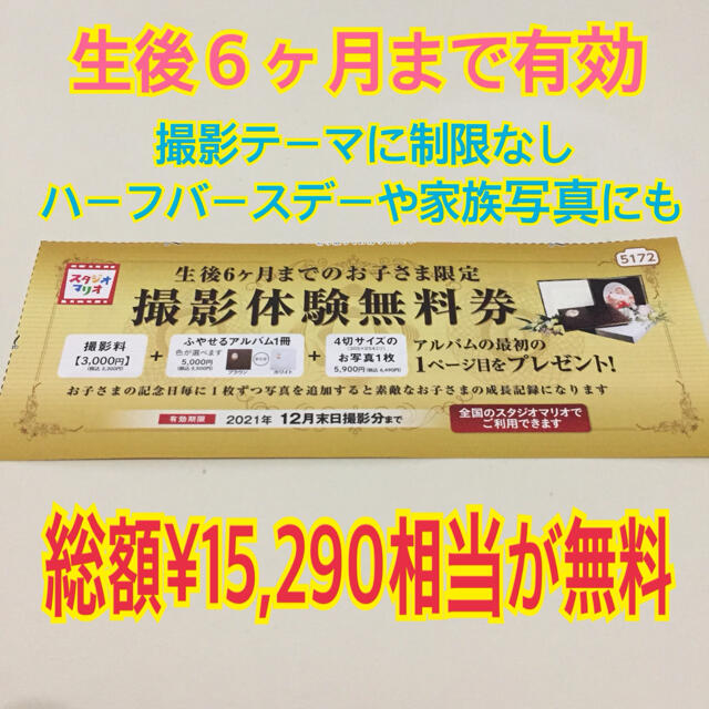 スタジオマリオ カメラのキタムラ 撮影体験無料券 1枚  チケットの優待券/割引券(その他)の商品写真