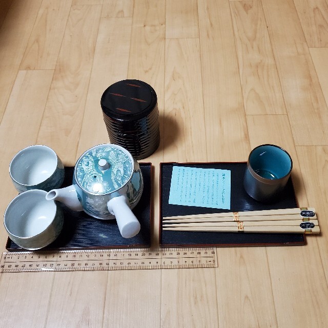お茶セット　天然木箸付き　　昭和レトロ