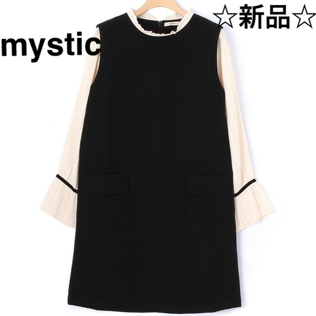 mystic(ミスティック)の値下げ☆新品タグ付き☆【mystic】袖プリーツワンピース  白×黒 レディースのワンピース(ひざ丈ワンピース)の商品写真