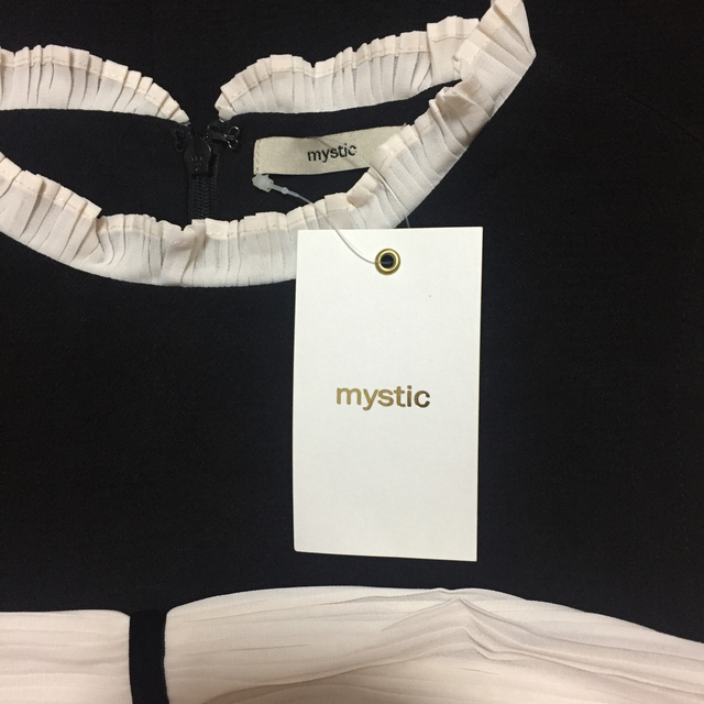 mystic(ミスティック)の値下げ☆新品タグ付き☆【mystic】袖プリーツワンピース  白×黒 レディースのワンピース(ひざ丈ワンピース)の商品写真