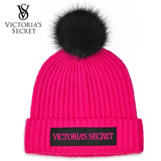 ヴィクトリアズシークレット(Victoria's Secret)のVS♡ニット帽♡フクシア ブラック(ニット帽/ビーニー)