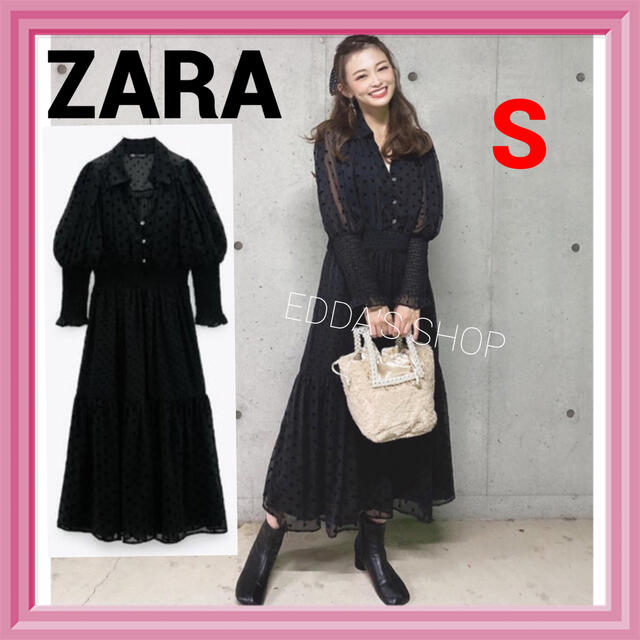 完売品　ZARA スイスドット柄ミディ丈ワンピース　レース　1　水玉　黒