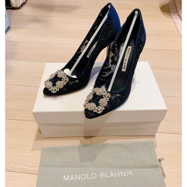 代引き人気 BLAHNIK MANOLO - 37.5 ネイビー レース ハンギシ マノロ