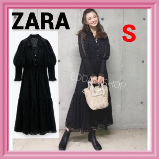 ザラ(ZARA)の完売品　ZARA スイスドット柄ミディ丈ワンピース　レース　2 水玉　黒(ロングワンピース/マキシワンピース)