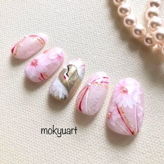 mokyuart76＊和装　ネイルチップ　白無垢　鶴　鶴ネイル　ピンク　結婚式 ハンドメイドのアクセサリー(ネイルチップ)の商品写真