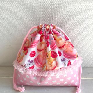 マカロン柄♡ピンクハート♡ミニフリル  お弁当袋(ランチボックス巾着)