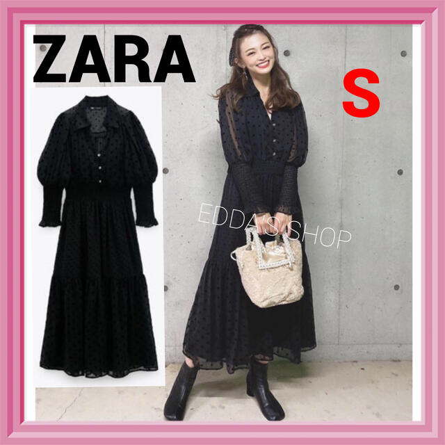 完売品　ZARA スイスドット柄ミディ丈ワンピース　レース　水玉　黒　 。