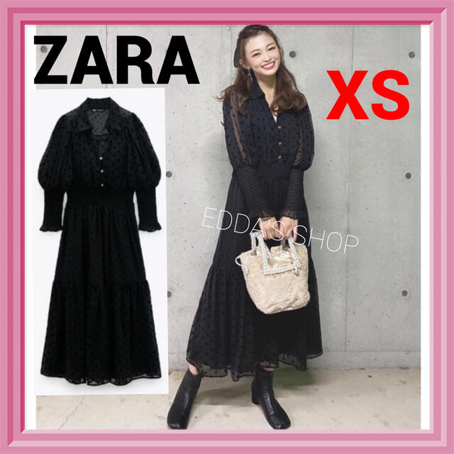 完売品　ZARA スイスドット柄ミディ丈ワンピース　レース　水玉　黒　  l