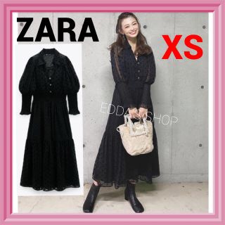 ザラ(ZARA)の完売品　ZARA スイスドット柄ミディ丈ワンピース　レース　水玉　黒　 た(ロングワンピース/マキシワンピース)