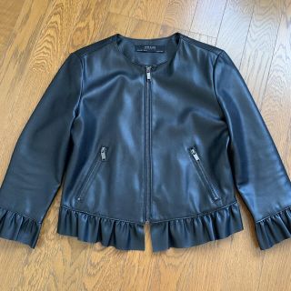 ザラ(ZARA)のZARA フェイクレザージャケット フリル　ブラック　ジャケット(ライダースジャケット)