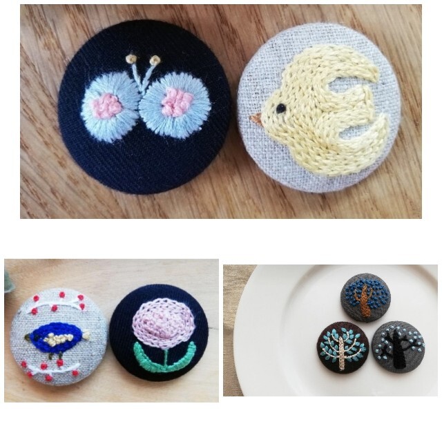 no.469  木の刺繍のくるみボタンブローチ ハンドメイドのアクセサリー(コサージュ/ブローチ)の商品写真