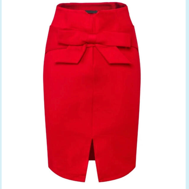 ウエスト リボン　スリットスカート  ♪   レッド レディースのスカート(ひざ丈スカート)の商品写真
