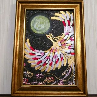 風水開運絵画＊梵字満月飛翔鳳凰　金運　恋愛結婚愛情運上昇　自信　発展　縁結び(絵画/タペストリー)