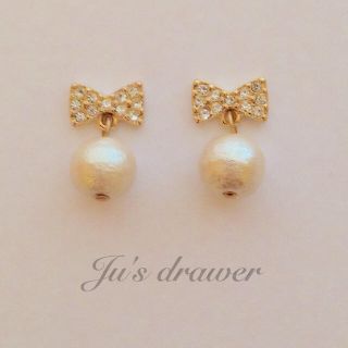 ▷クリスタル リボン×コットンパール◁(ピアス)