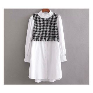 ザラ(ZARA)の❄️冬新作☃️2976◆千鳥柄 切り替え シャツワンピース (ミニワンピース)