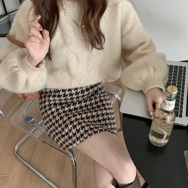 即日発新品tweed beige×black check mini skirt