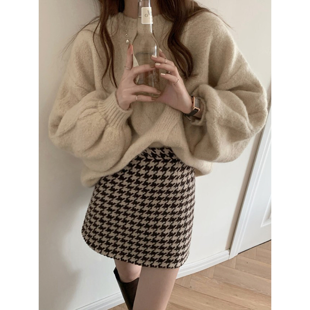 即日発新品tweed beige×black check mini skirt 1