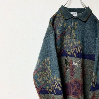 ポロニット セーター 90年代 ヴィンテージ レトロ アート 刺繍(ニット/セーター)