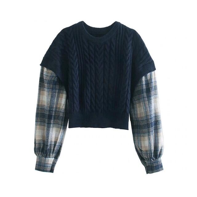 ❄️冬新作☃️2980◆チェック柄 切り替え ケーブル編み ニット セーター